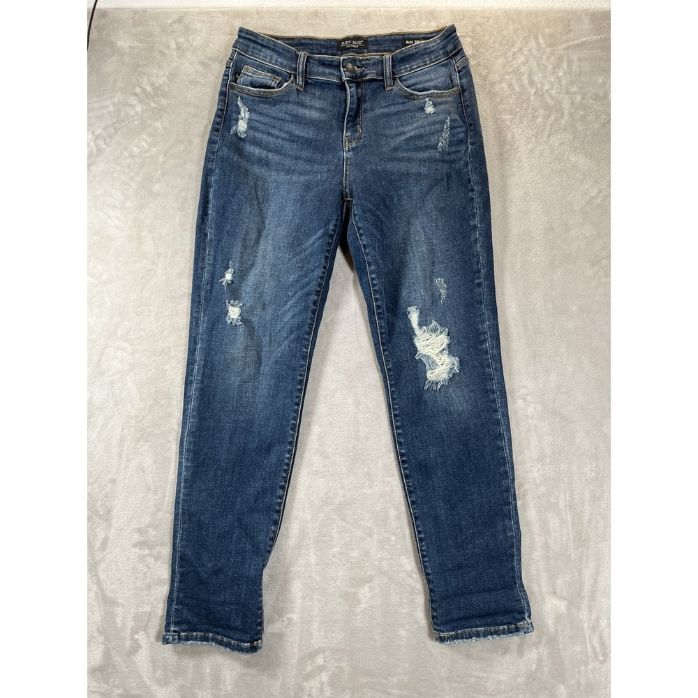 Judy Blue Jeans Women's 9/29 Slim Fit Straight Leg Dark Blue Denim Distressed